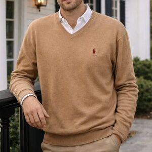 Polo by Ralph Lauren V-Neck Cotton Logo Sweater Camel Tan XL